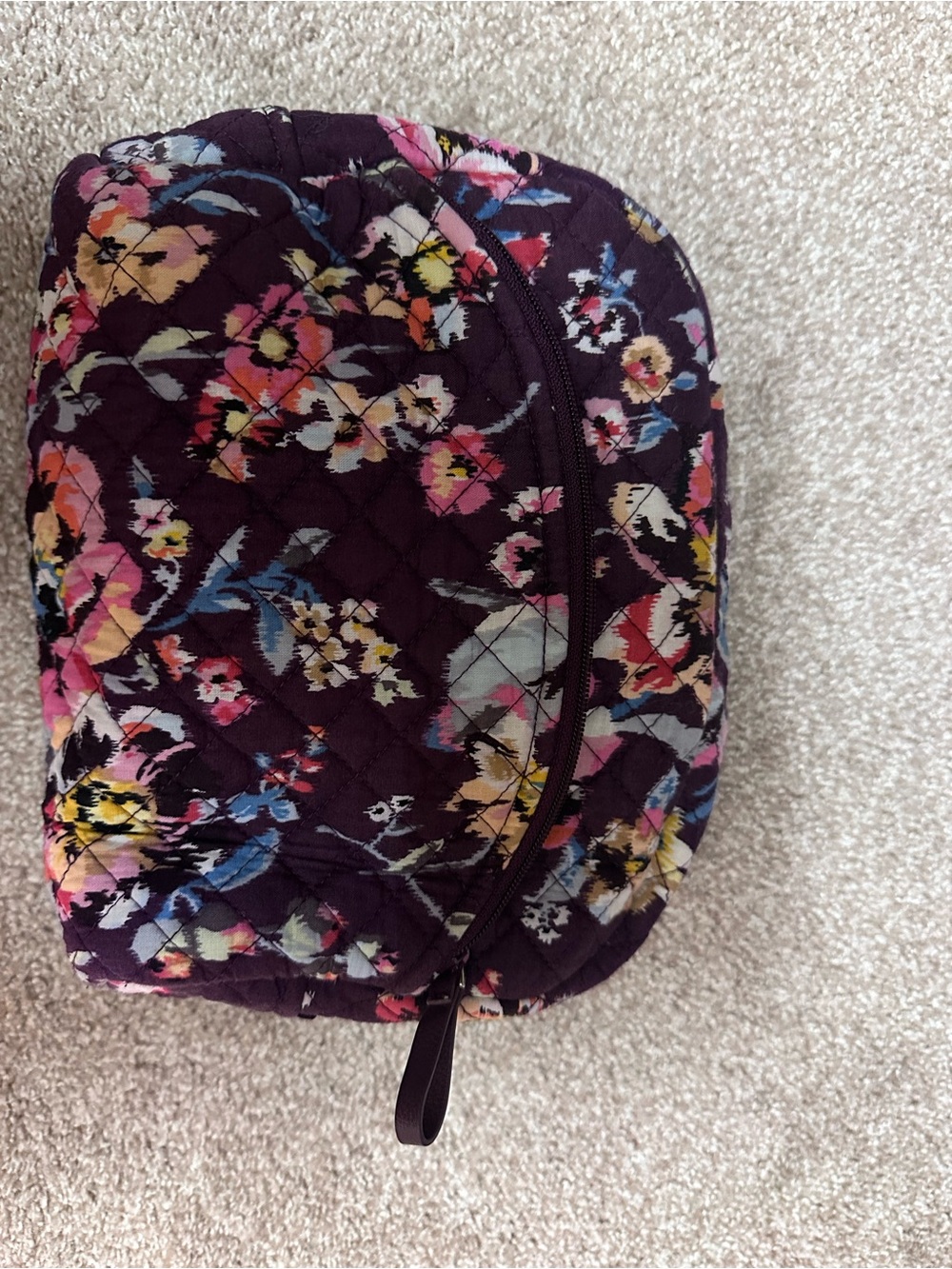 Quilted Floral Cosmetic Pouch in Deep Plum